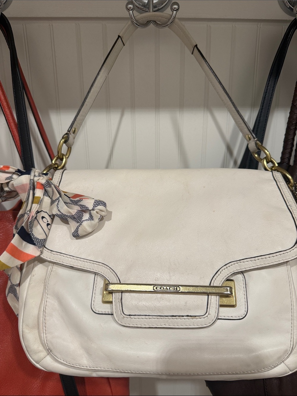 Coach White Leather Shoulder Bag with Striped Scarf Accent and Gold Hardware